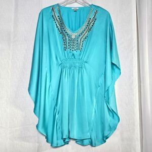 Cache Aqua Metallic Accents V-Neckline Boho Hippie Kaftan Style Tunic Blouse